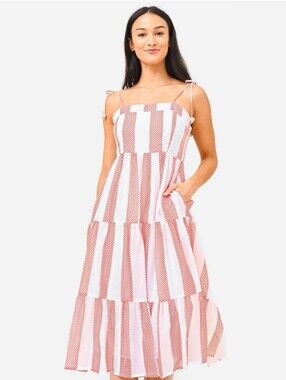 Oliphant Tuckernuck Women's White & Red Orange Print Tie Strap Midi Dress XS